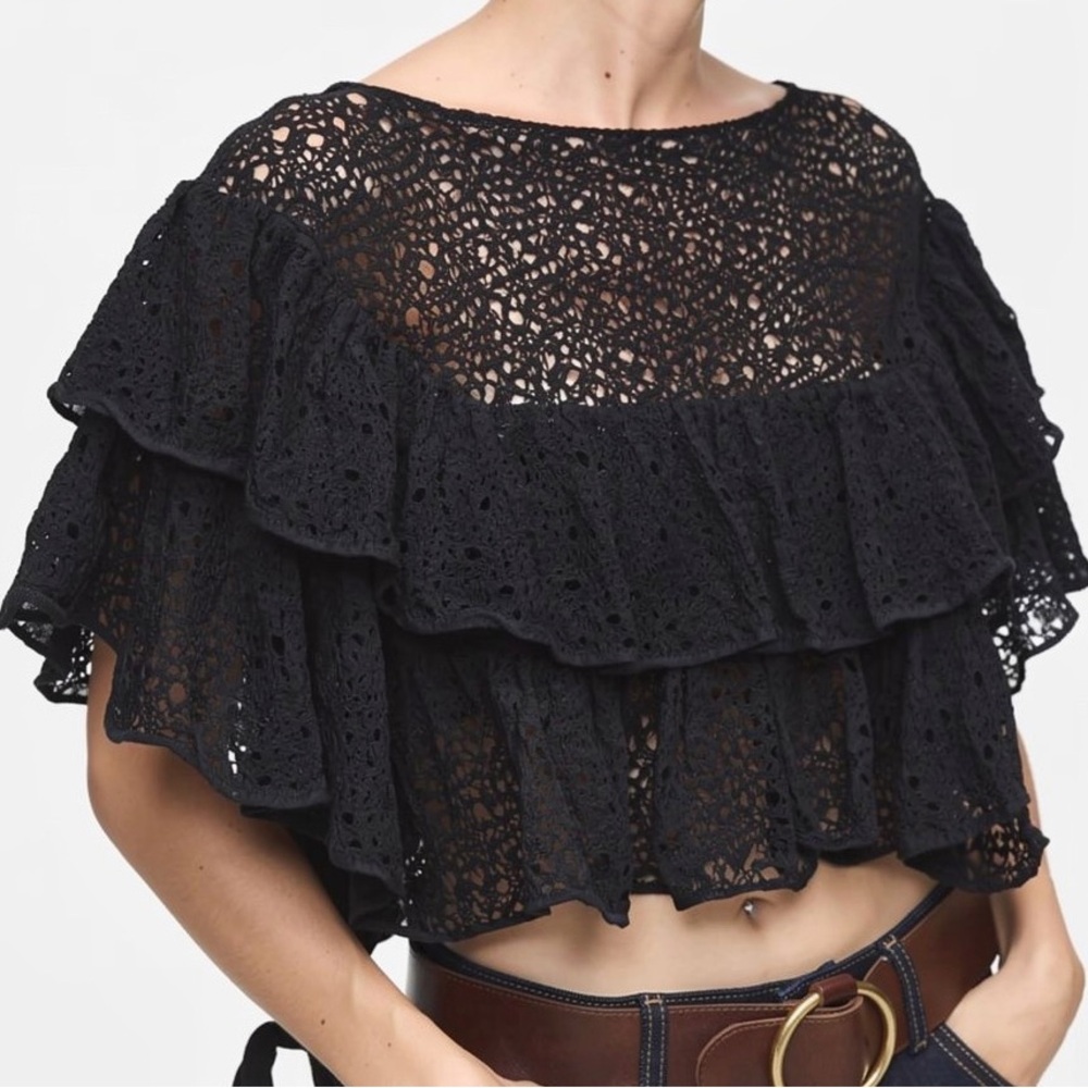 CHANEL Runway 2012 Asymmetrical Ruffle Lace Top Black